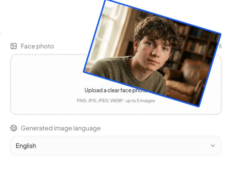 Envie sua foto e escolha o idioma