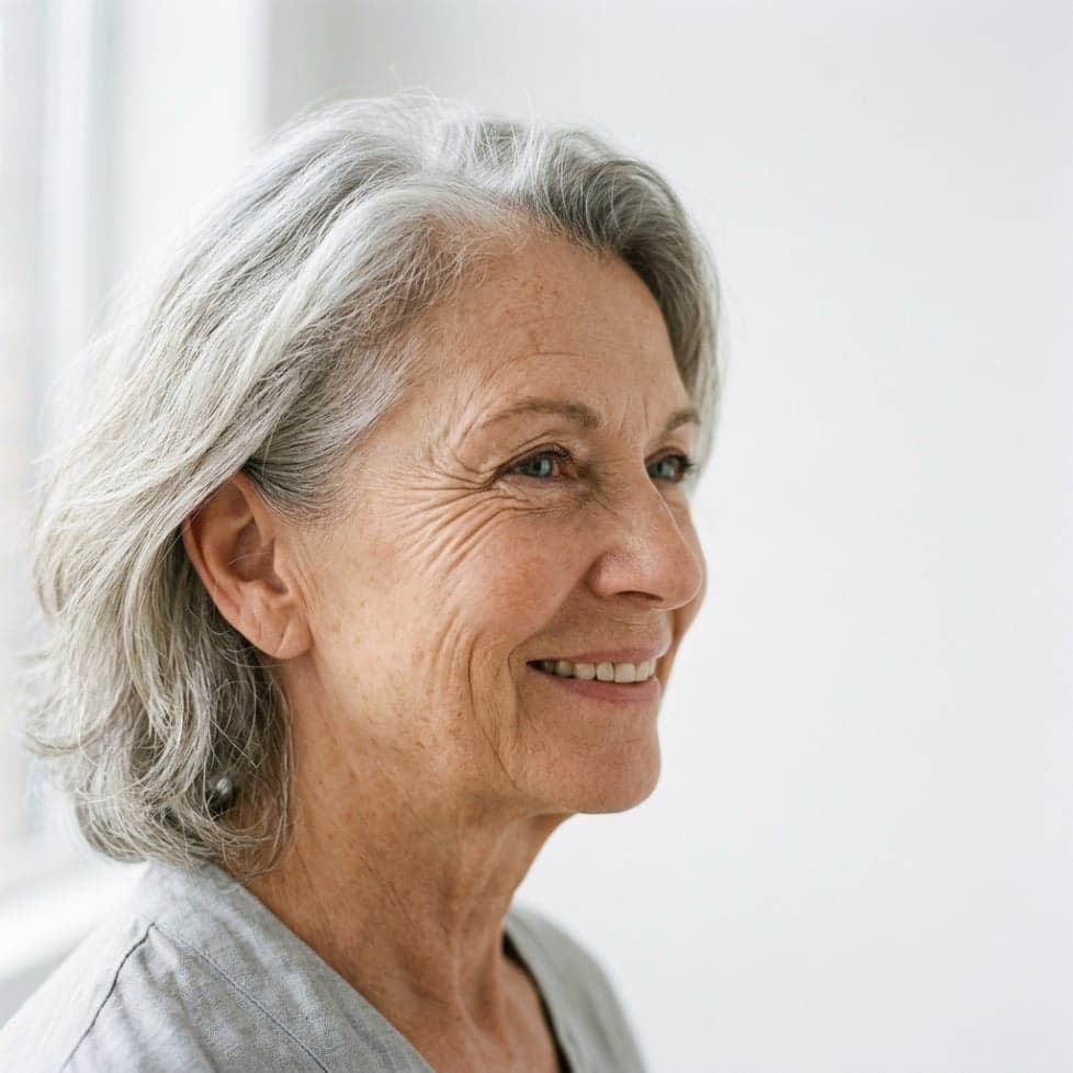 Close-up portrait showing age-related skin texture, wrinkles, and facial details