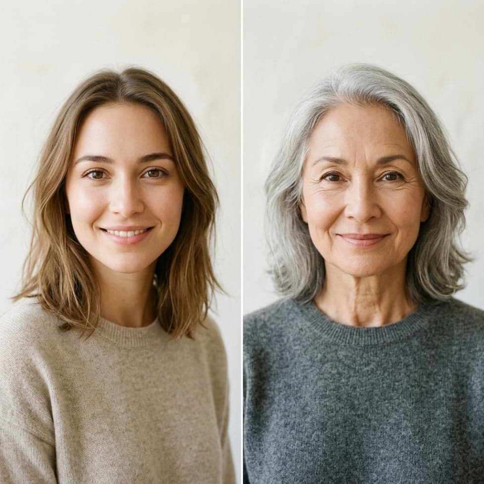Younger and older portraits of the same woman showing preserved facial features during AI aging