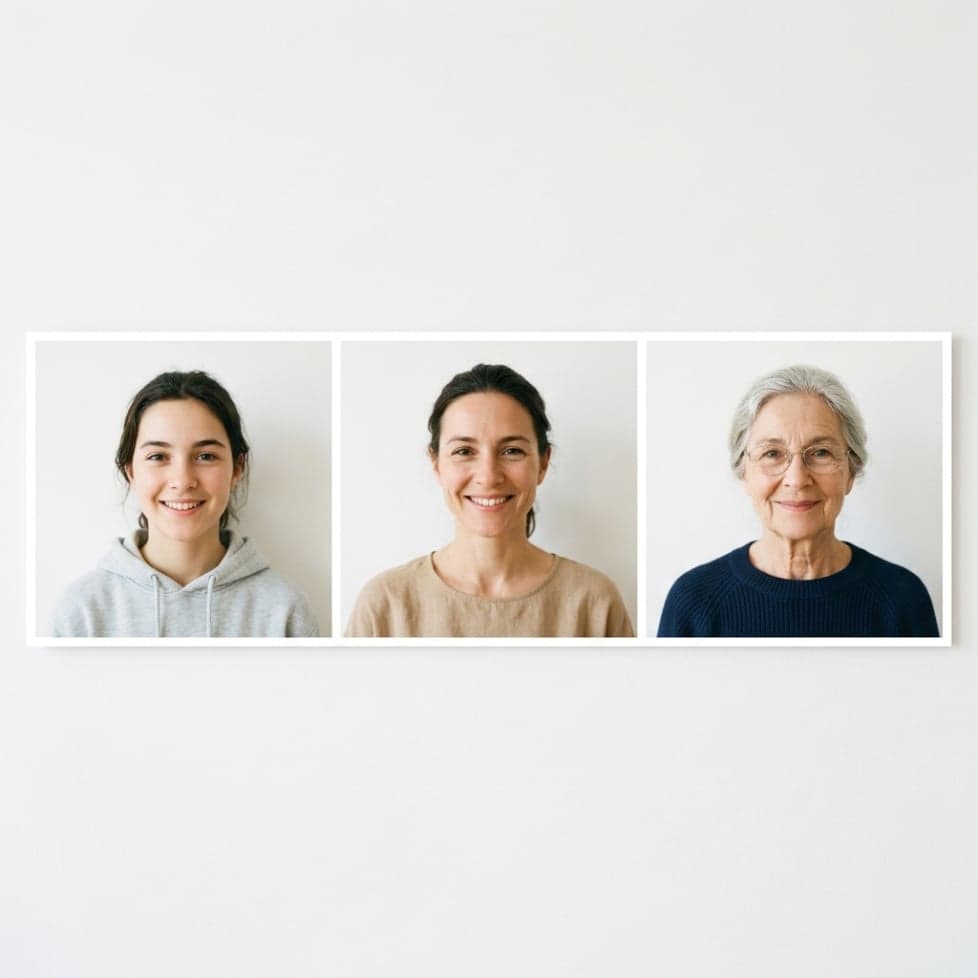 Three portraits of the same woman at different ages showing AI age progression as a visual simulation