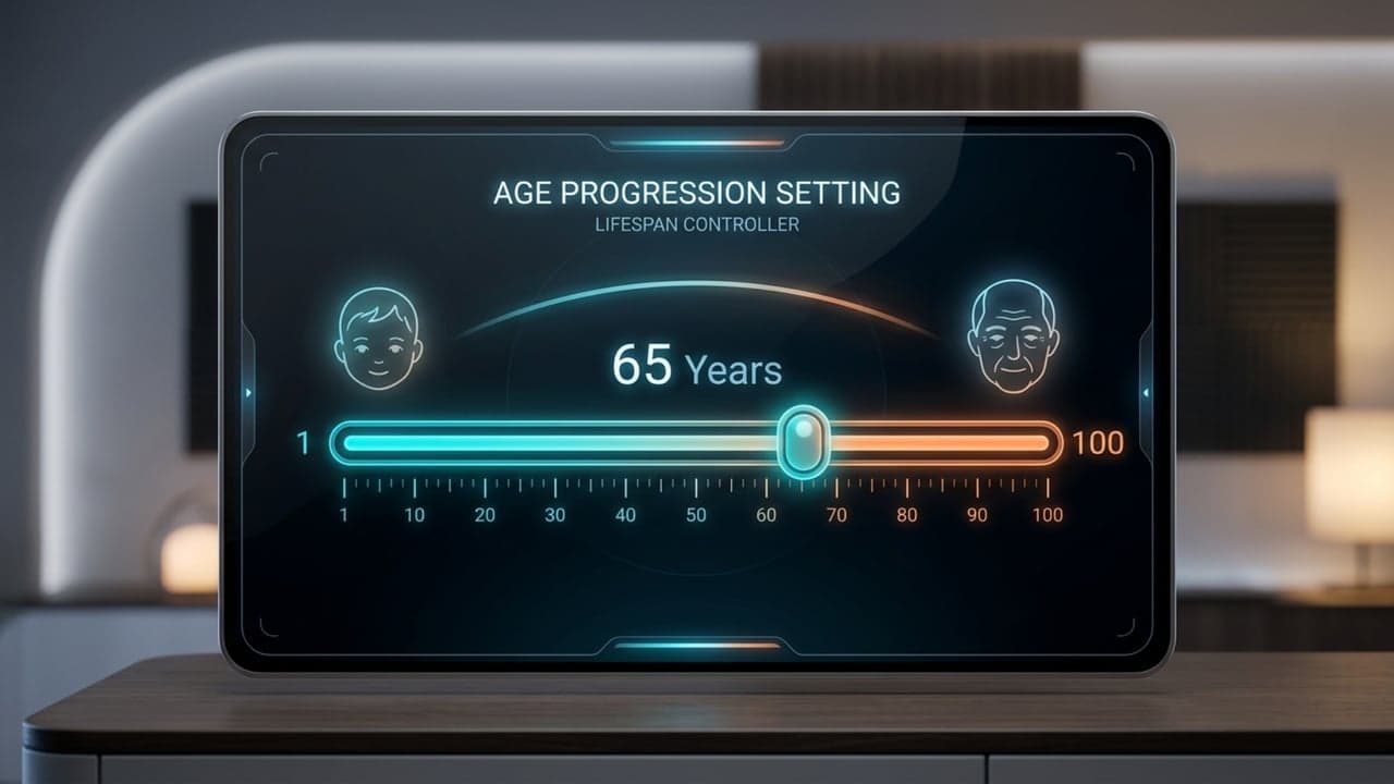 Age progression setting screen with a slider from 1 to 100 years
