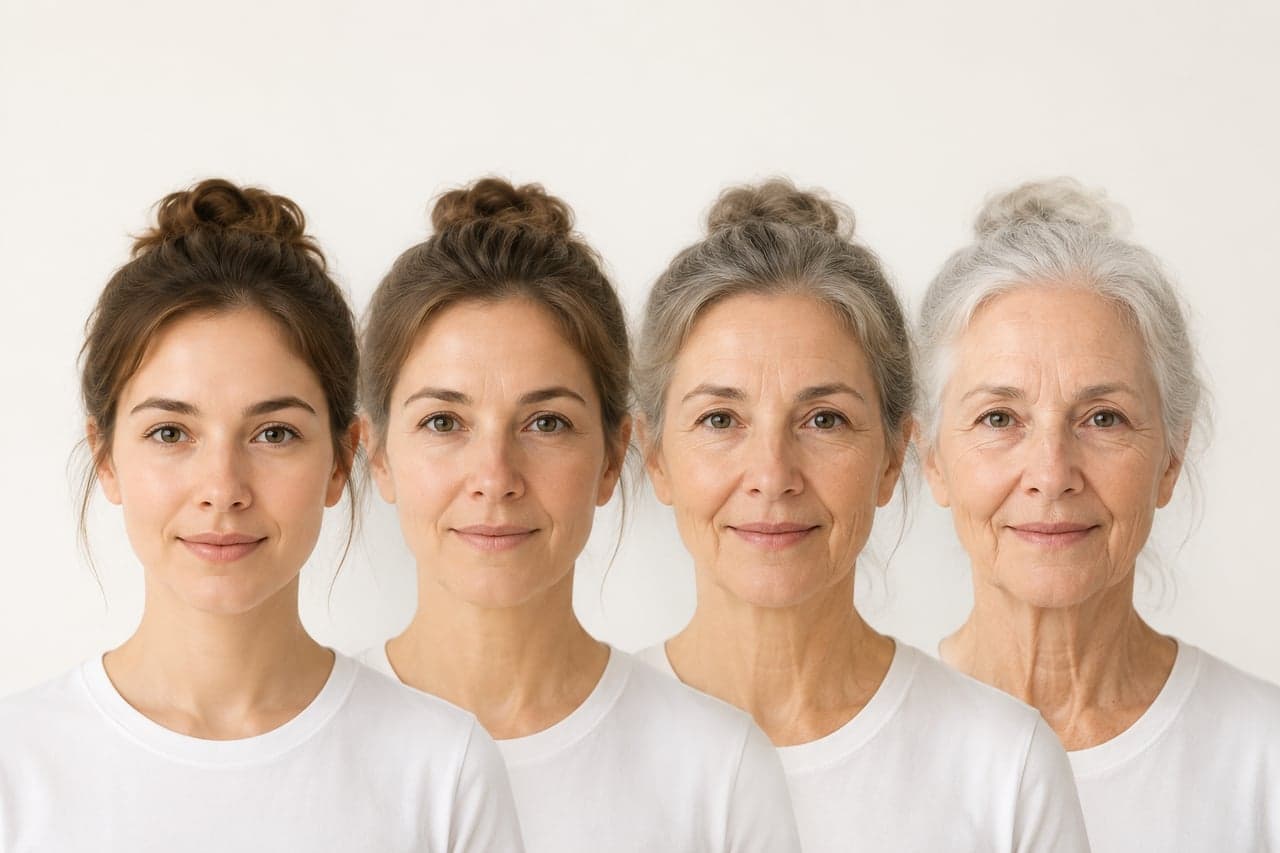 Front-facing portraits of the same woman at multiple age stages for AI face age progression