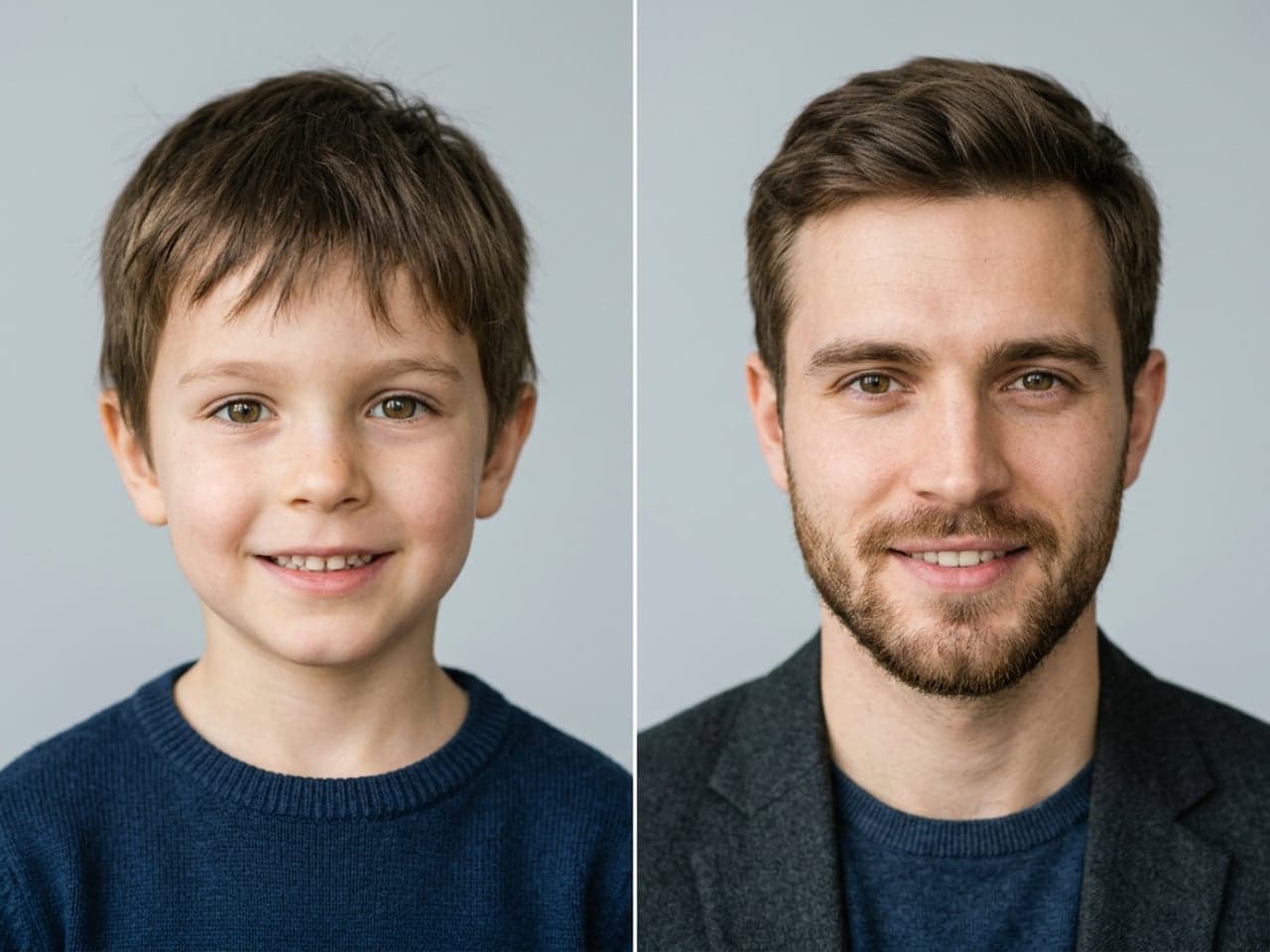 The same male identity shown as a young boy and an adult man