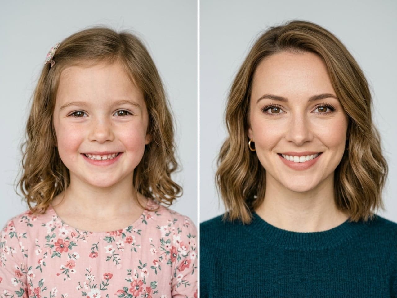 The same female identity shown as a young girl and an adult woman