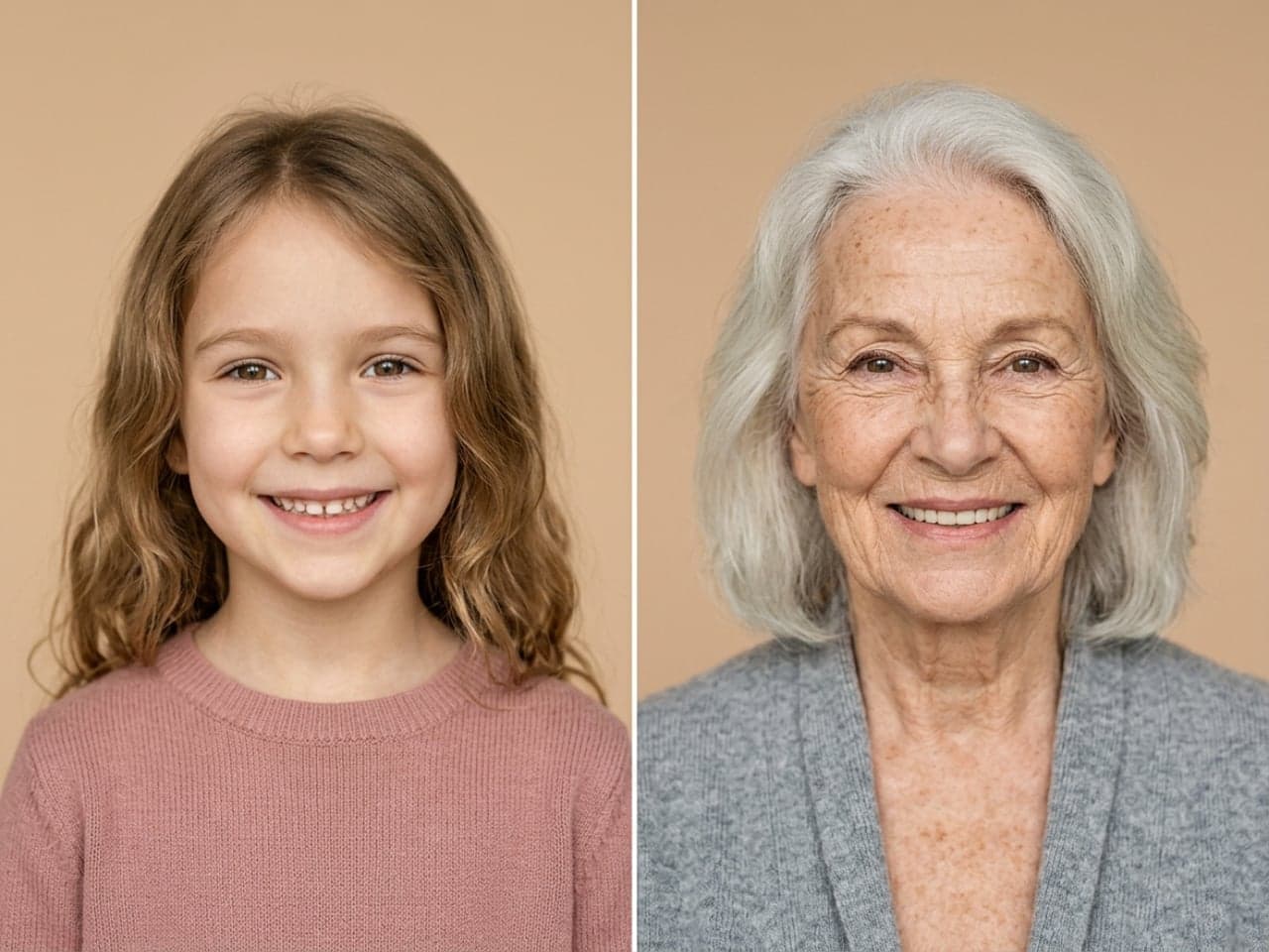 The same female identity shown as a young girl and an elderly woman
