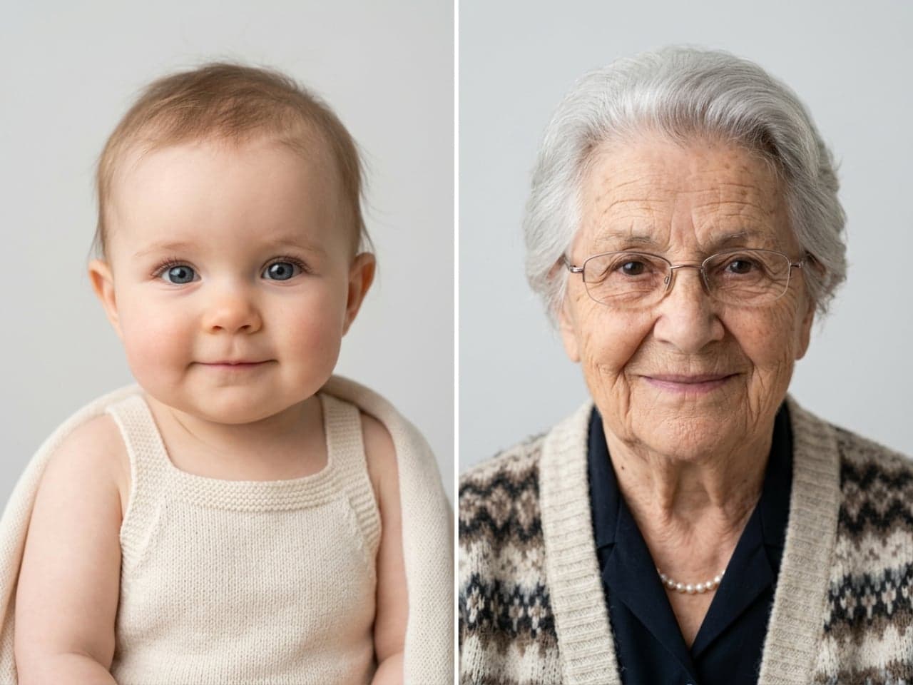 A baby and an elderly woman shown as a lifetime age progression