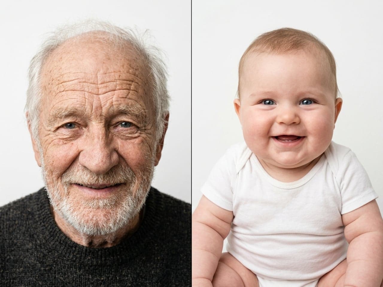 An elderly man transformed into a smiling baby