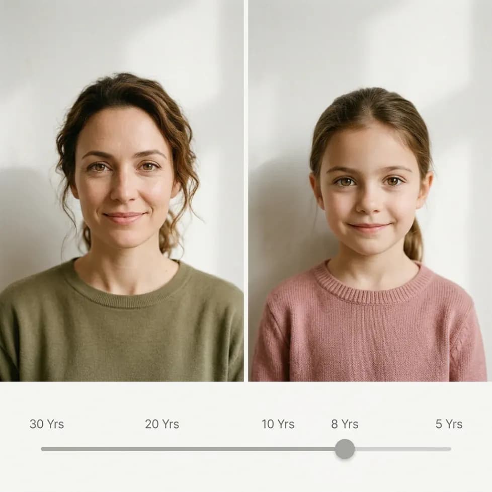 AI age regression preview showing an adult portrait transformed into a younger child with a target-age slider