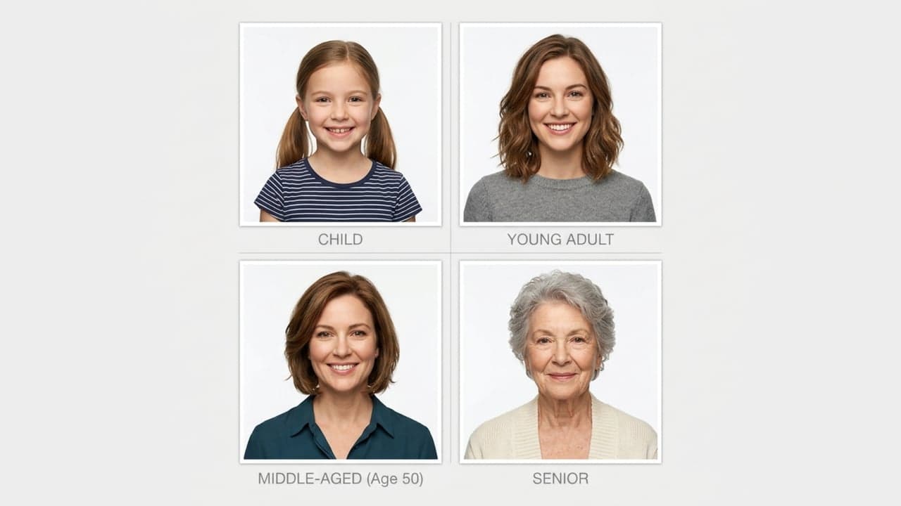 Four age stages shown side by side from child to young adult, middle-aged, and senior