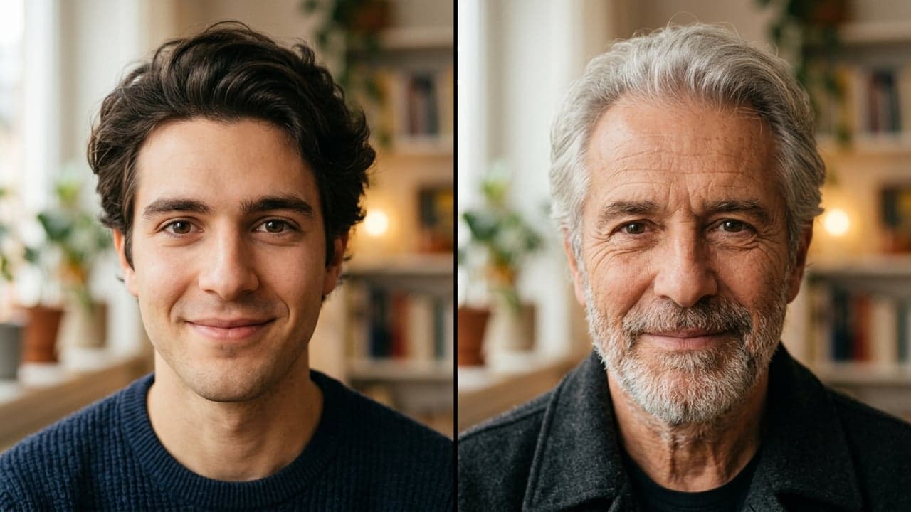 Young and older versions of the same man showing natural AI aging while preserving identity
