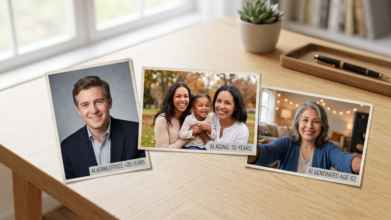 Different portrait photo styles including a selfie, family photo, and studio portrait prepared for AI aging