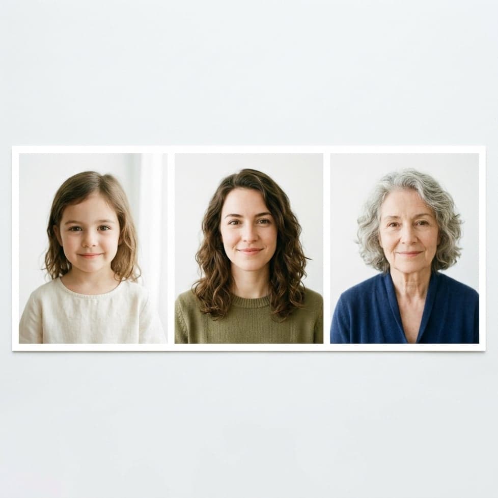 A child portrait shown beside possible adult and senior age progression versions