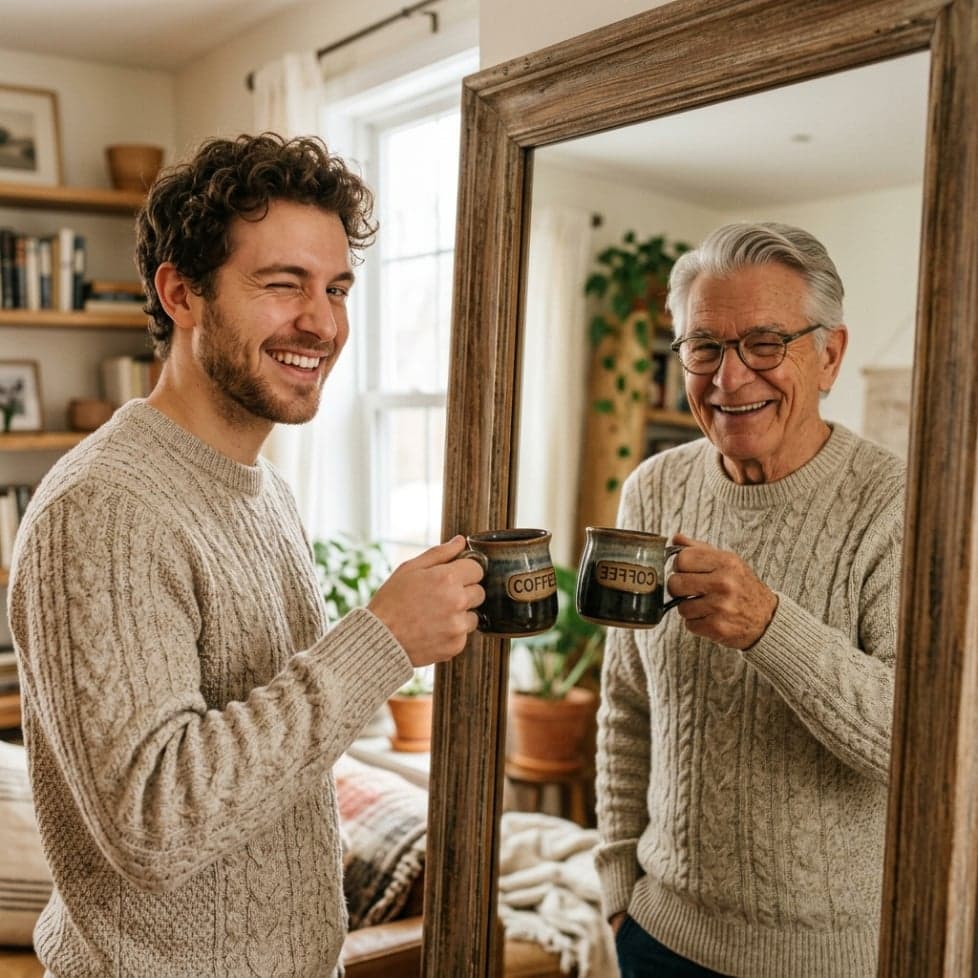 A young man looking into a mirror and seeing an older version of himself
