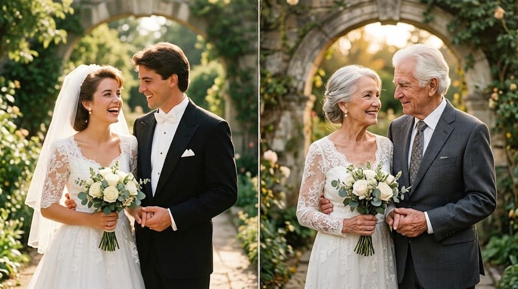 A couple shown in a wedding portrait before and after aging into an older couple