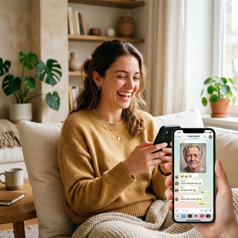 A woman laughing while sharing an aged portrait in a social media chat