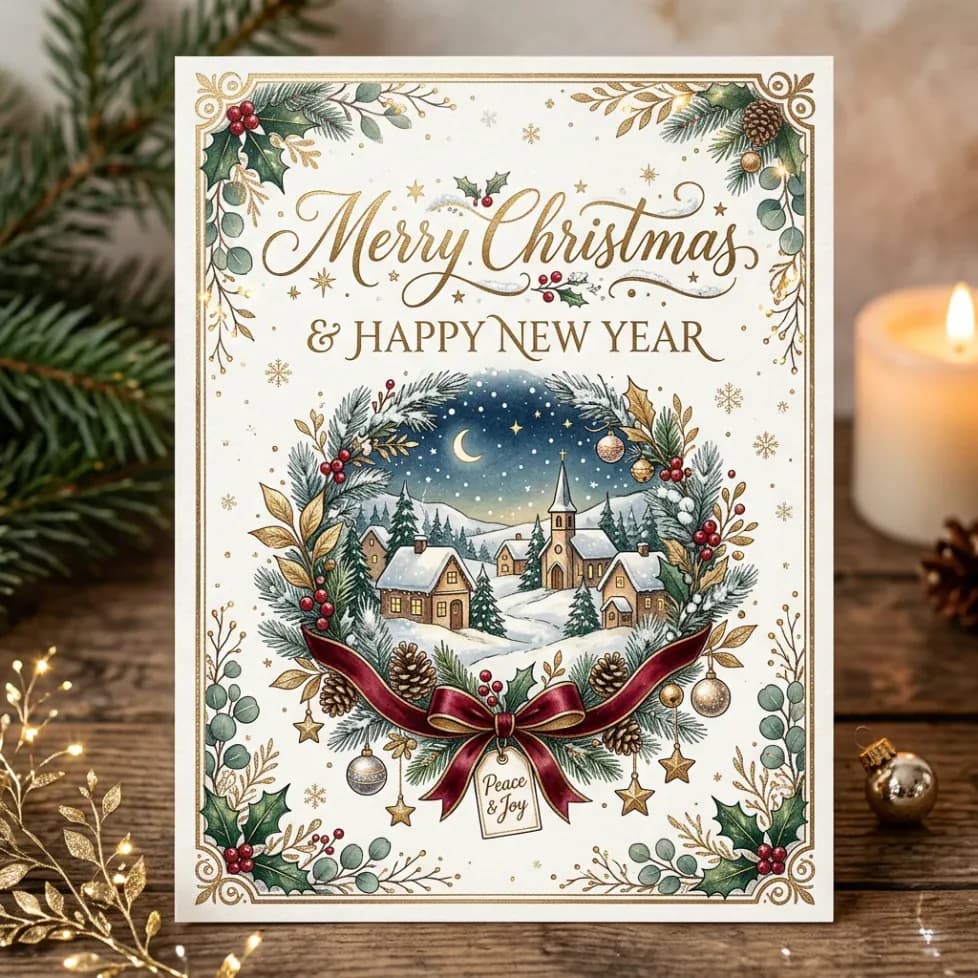 Vintage illustrated Merry Christmas greeting card