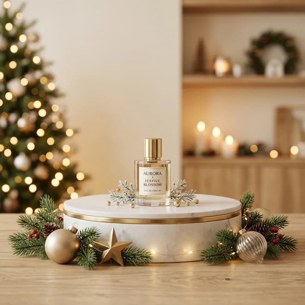 Perfume product displayed in an elegant Christmas campaign scene