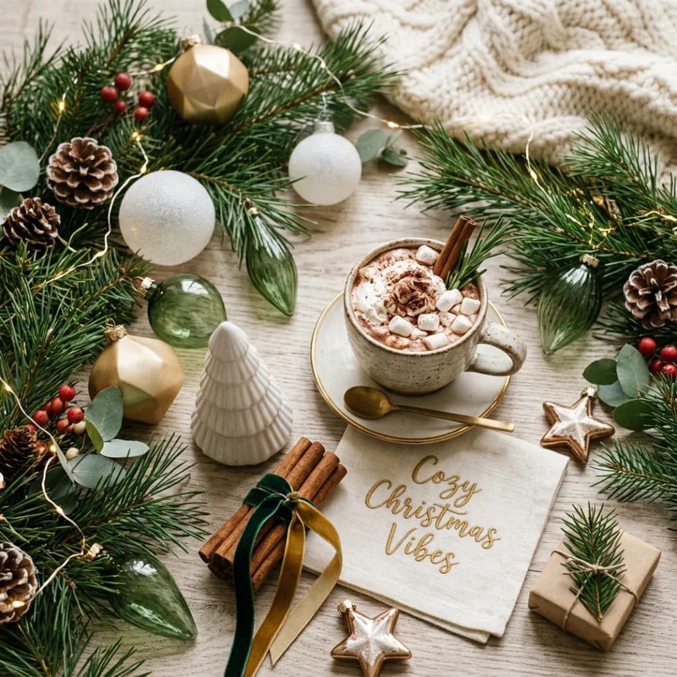 Christmas flat lay with hot chocolate, ornaments, and evergreen branches