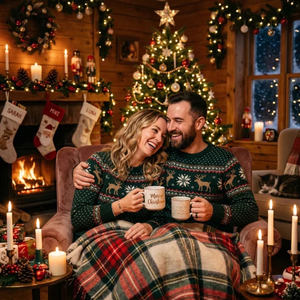 Couple in matching Christmas sweaters relaxing beside a fireplace