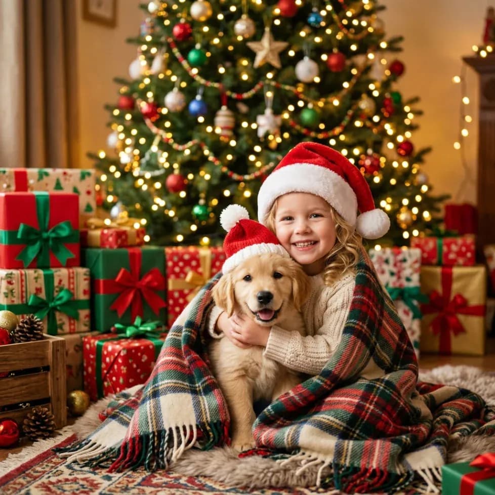 Child and golden retriever puppy wearing Christmas hats beside gifts