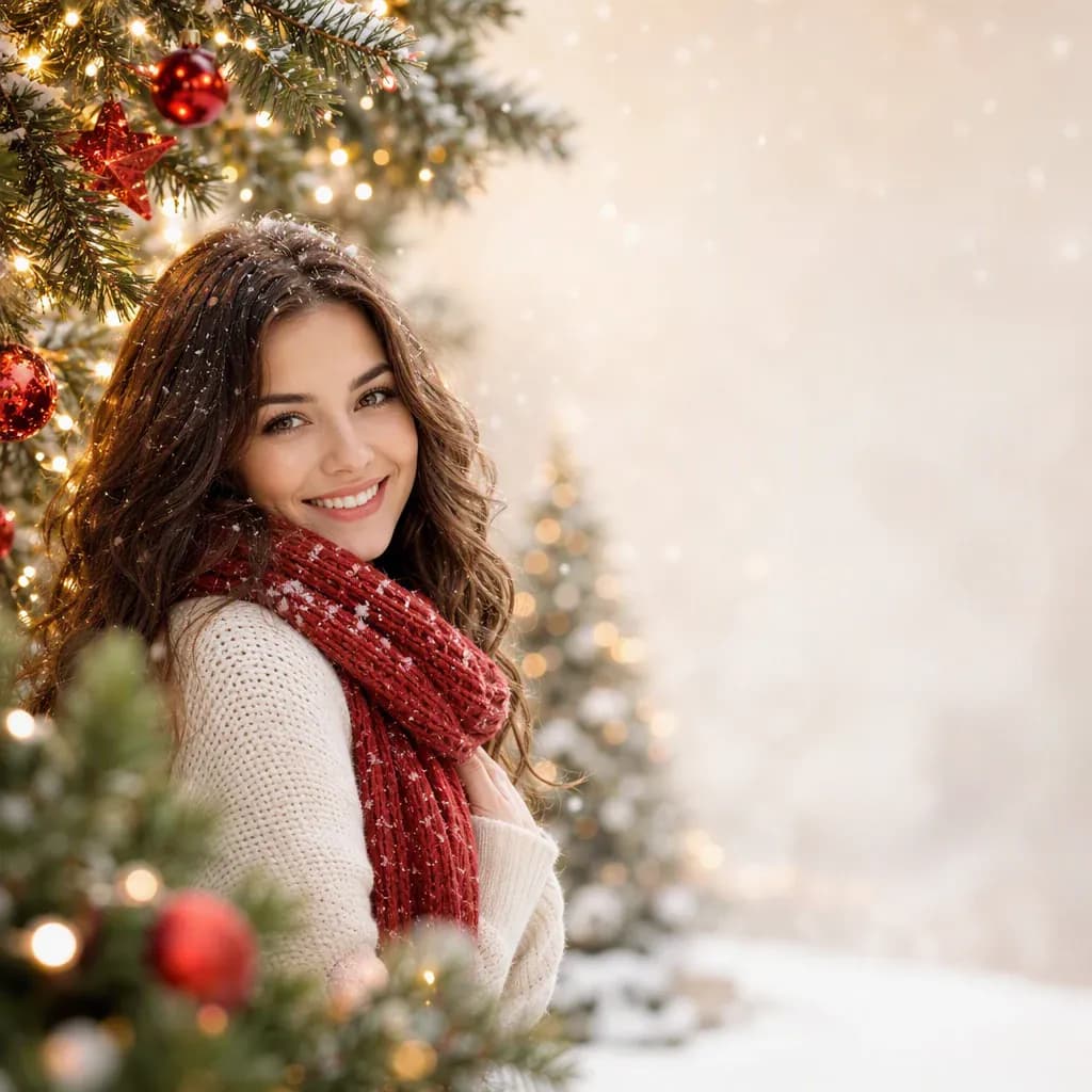 Christmas portrait with pine branches, ornaments, snow, and blank greeting space