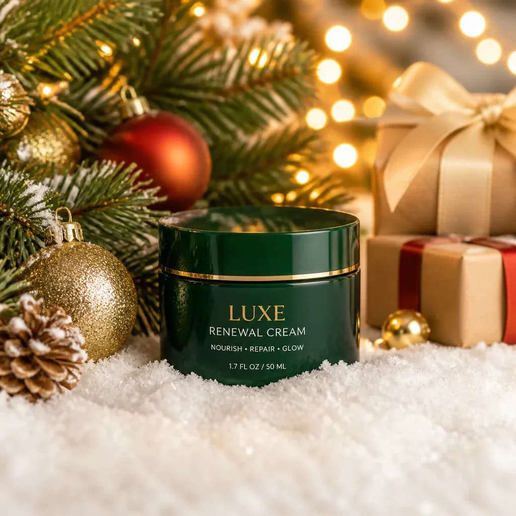 Premium green skincare product photographed with Christmas ornaments and gifts
