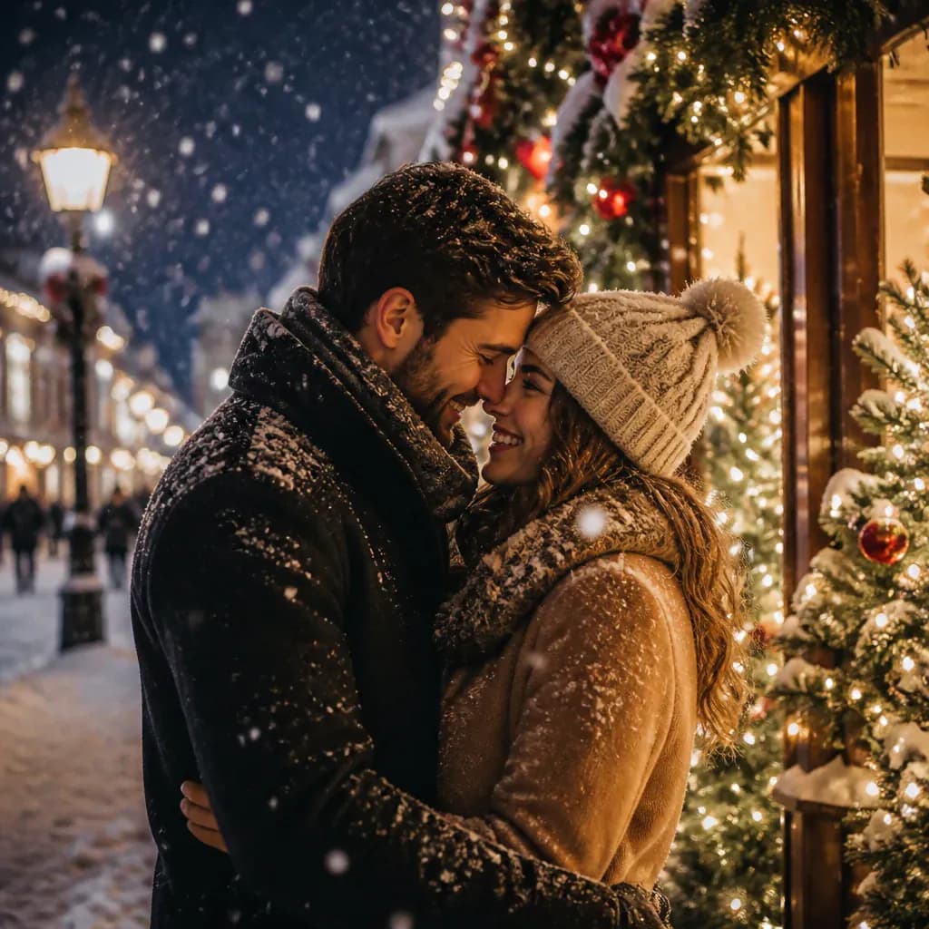 Couple embracing on a snowy Christmas street with warm shop lights