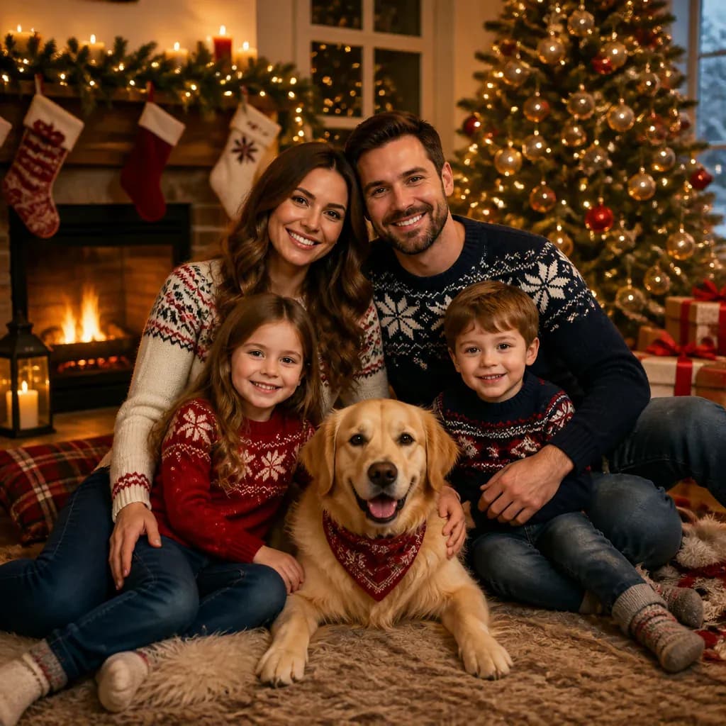 Family and golden retriever wearing festive sweaters in a Christmas living room