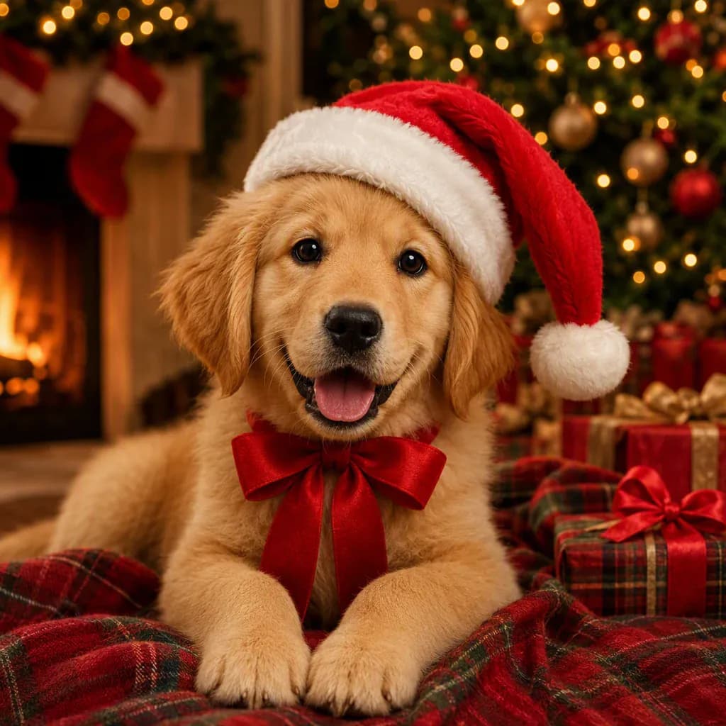 Golden retriever puppy wearing a Santa hat and red ribbon beside gifts