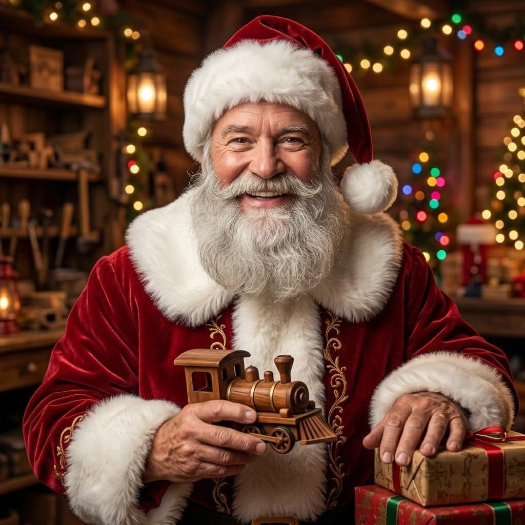 Smiling Santa holding a wooden toy in a warm workshop