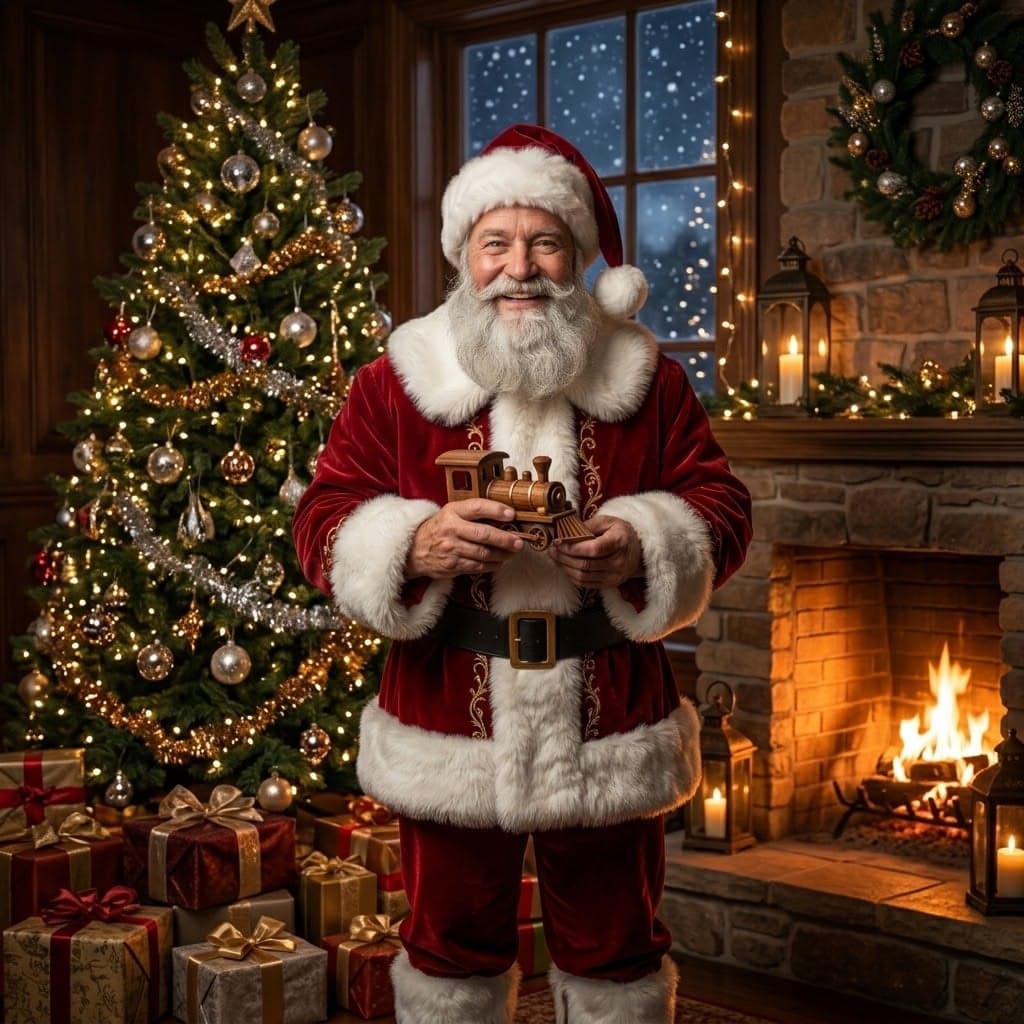 Santa standing beside a decorated tree and fireplace in a Christmas living room