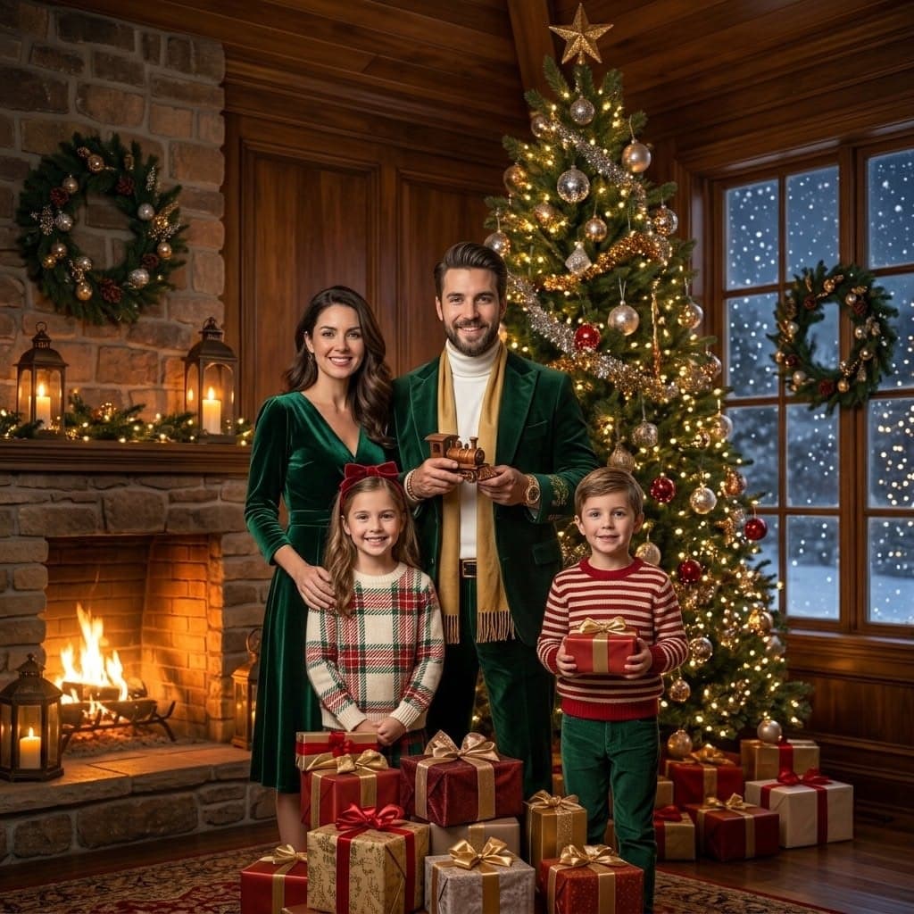 Family posing for a polished Christmas card portrait beside a tree and fireplace