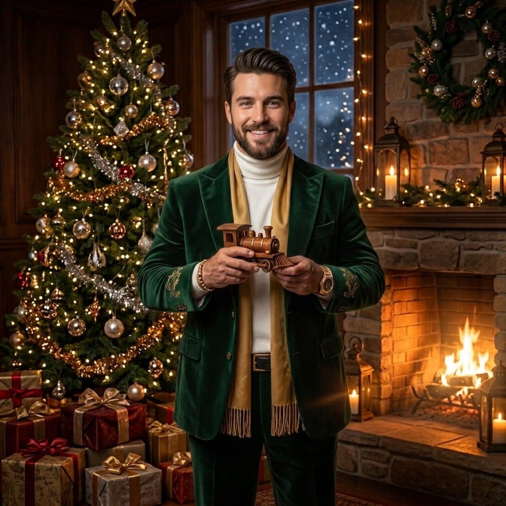 Man wearing an elegant green velvet Christmas outfit beside a decorated tree