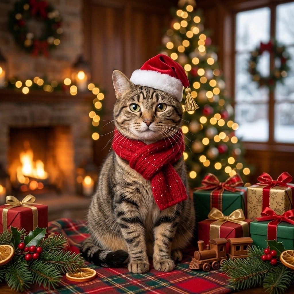 Cat wearing a Santa hat and red scarf beside Christmas presents