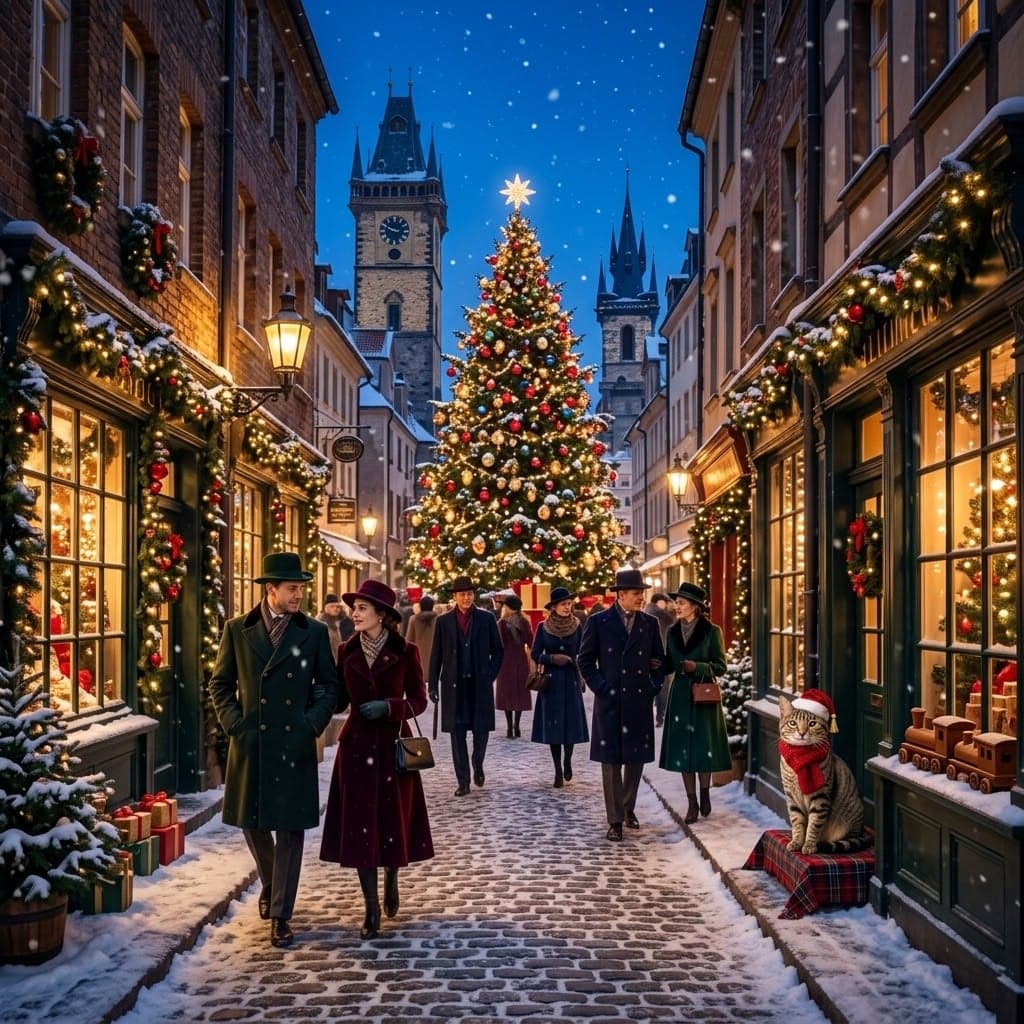 Snowy old-town street with a glowing Christmas tree and festive shoppers