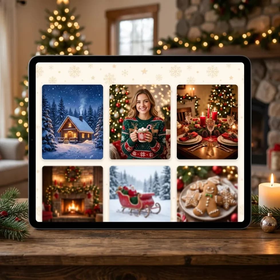Tablet displaying a library of Christmas photo prompt ideas and festive scenes