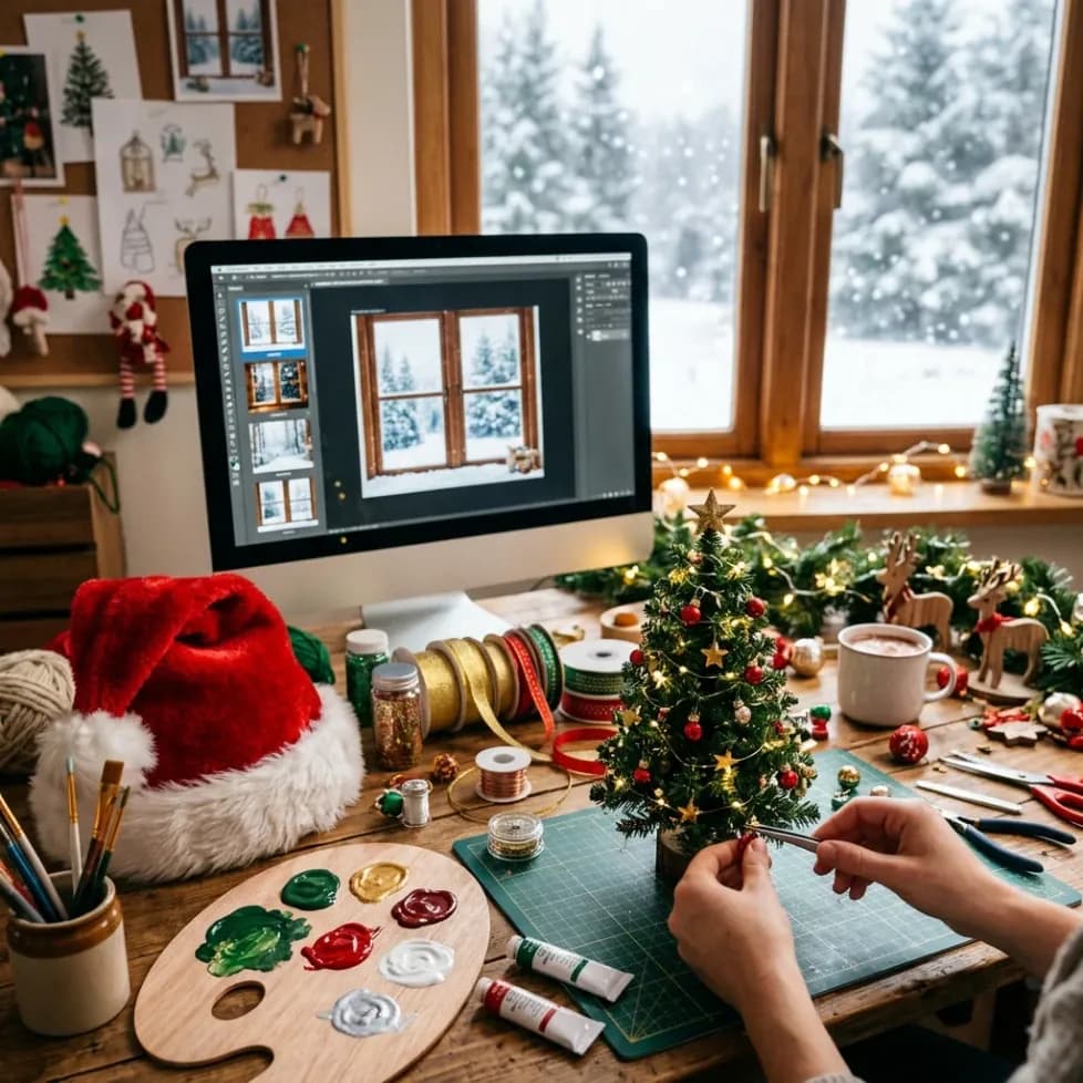 Creative workspace customizing Christmas decorations and a snowy background