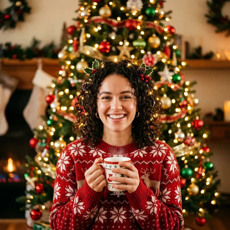 Woman retaining natural facial features in a festive Christmas portrait