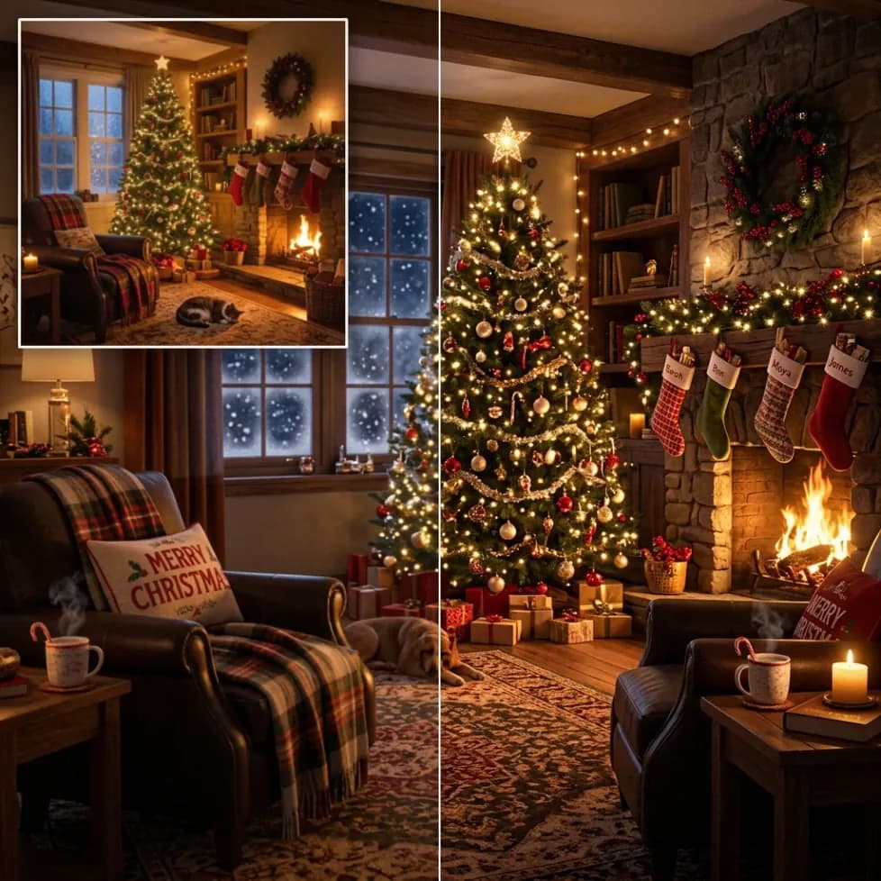 Reference Christmas living room matched to a generated festive interior