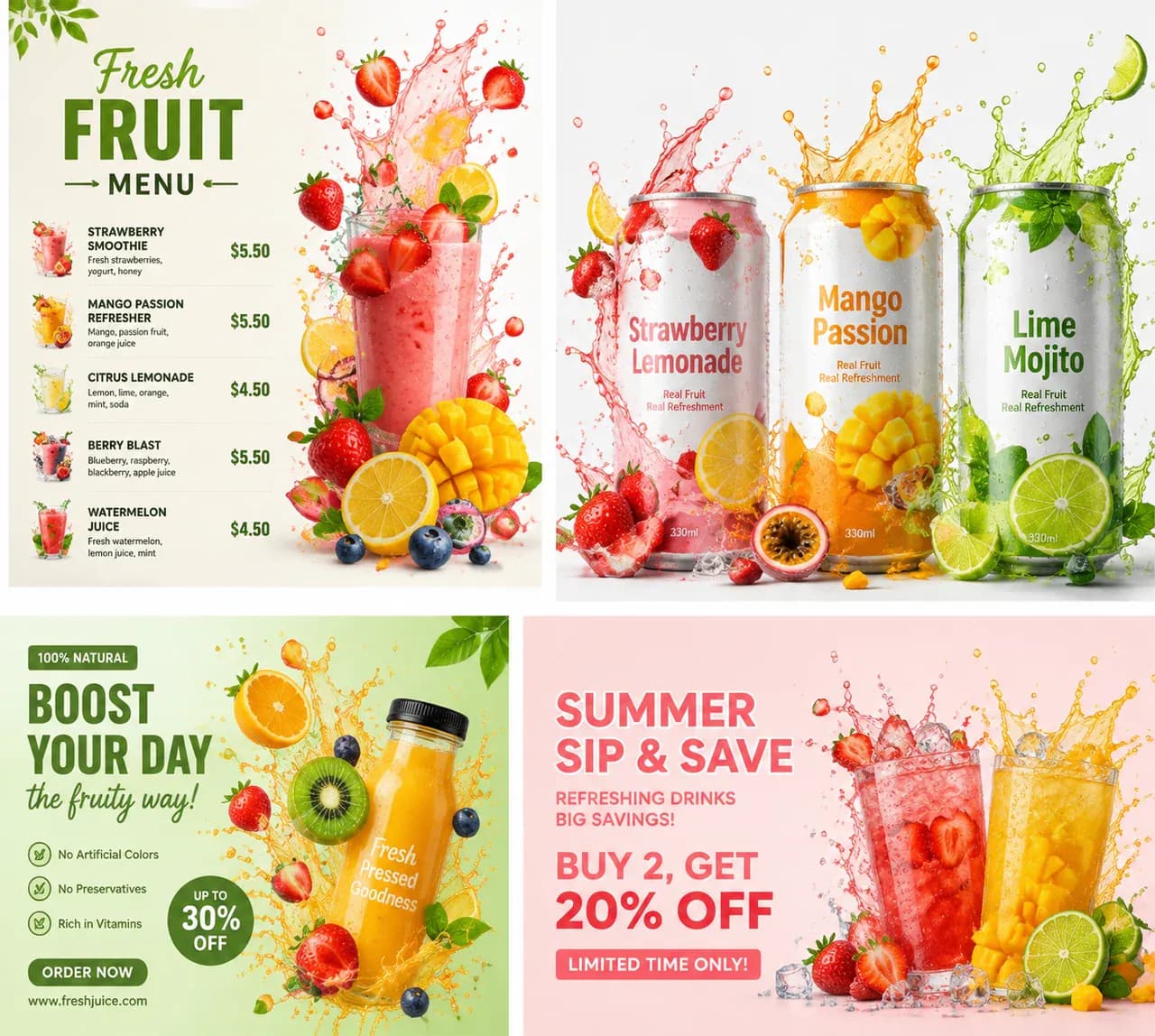 Fruit splashes used across beverage packaging and promotional advertising designs