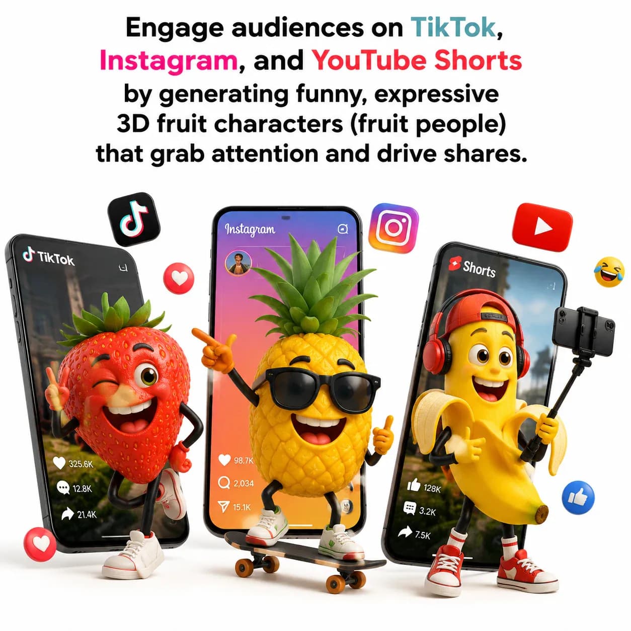 Expressive 3D fruit characters created for viral social media content