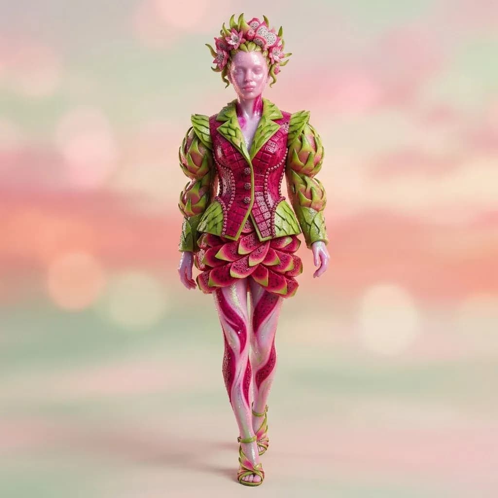High-fashion woman personified with iridescent dragon fruit textures and leafy scales