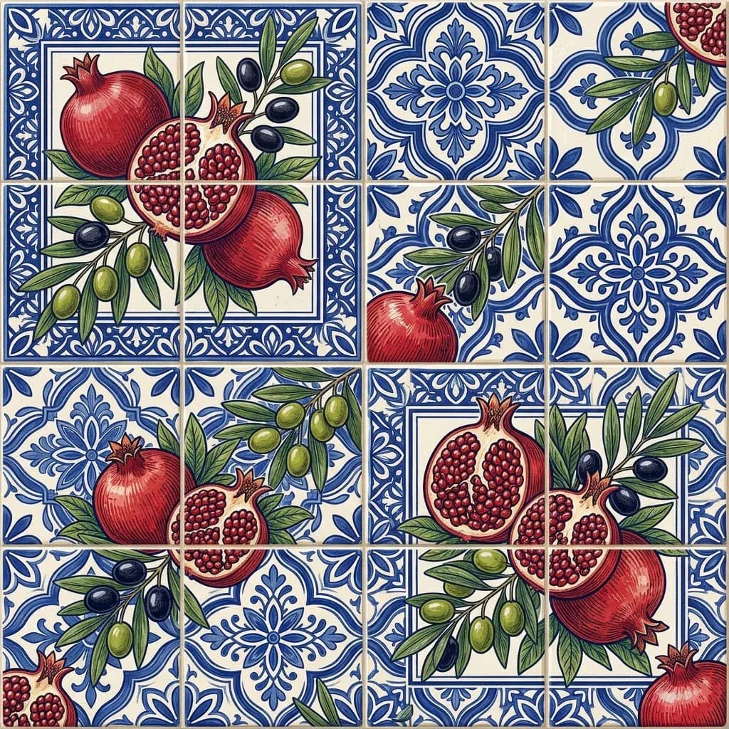 Hand-painted ceramic tile pattern with pomegranates, olives, and blue ornaments