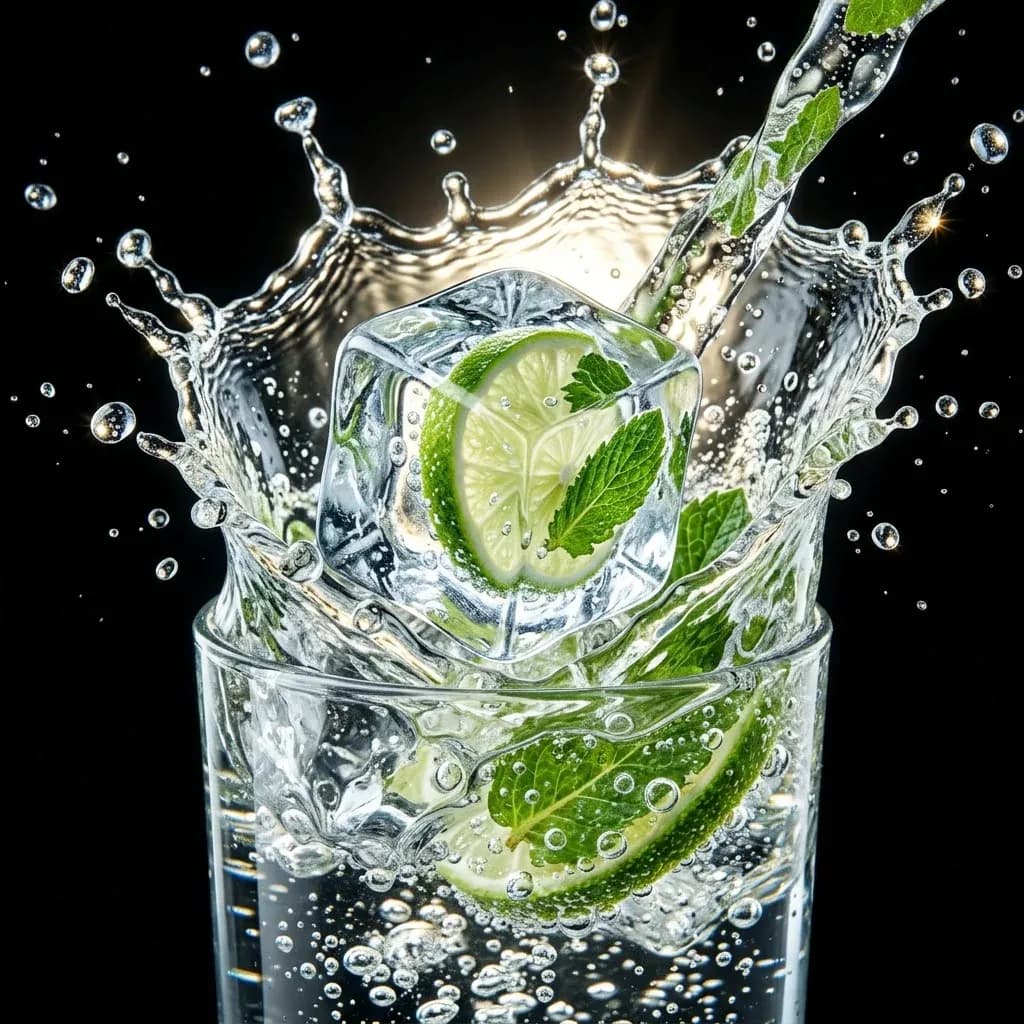 Lime and mint ice cube splashing into sparkling soda against a black background