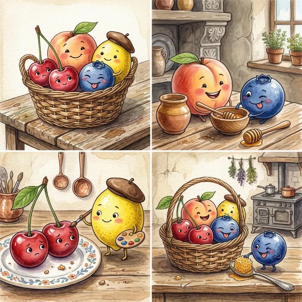 Adorable anthropomorphic fruit friends sharing a basket in a cozy cottage kitchen