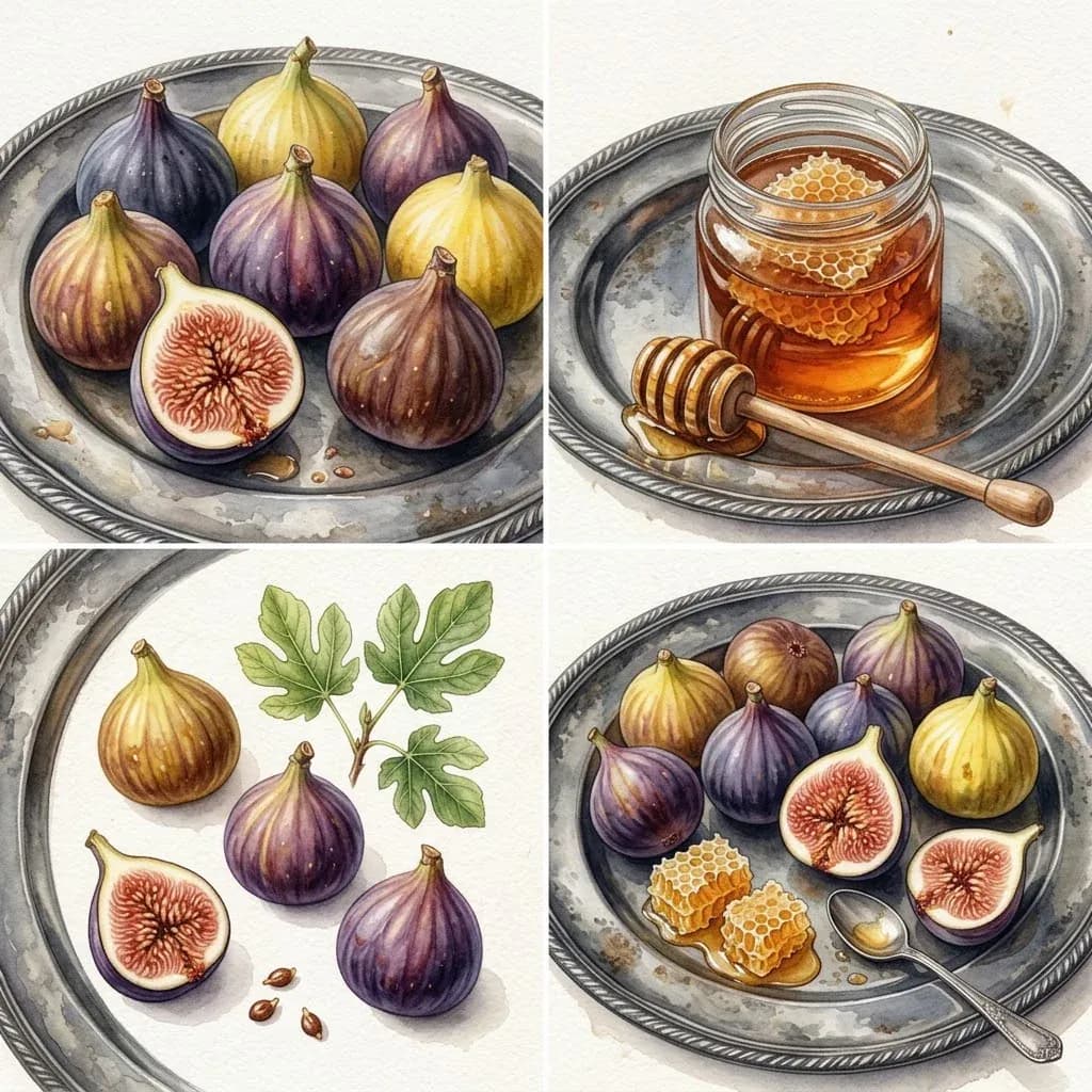 Detailed watercolor illustration of heirloom figs and honey on a silver platter