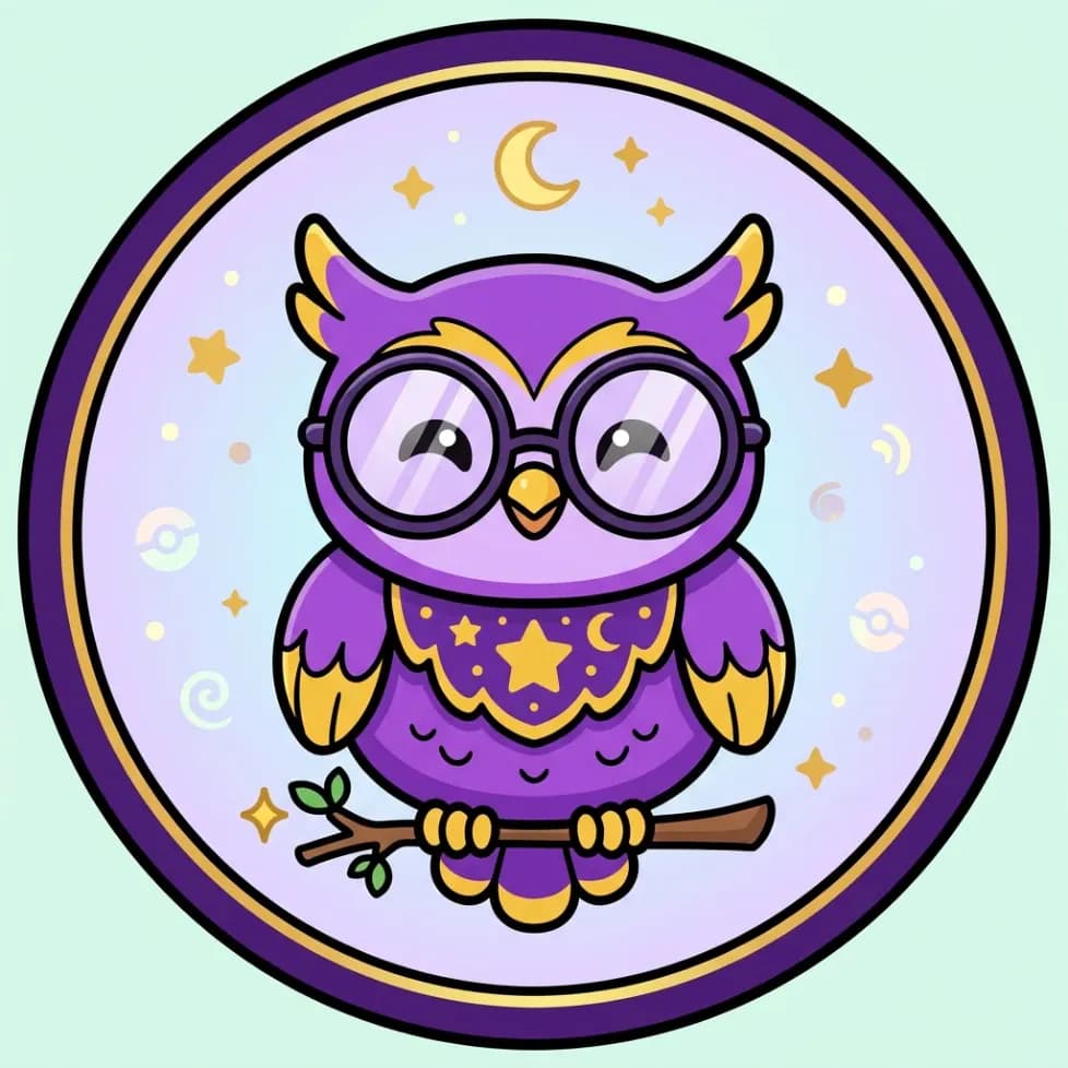 Purple owl Pokemon-style avatar framed by stars, a crescent moon, and collectible symbols