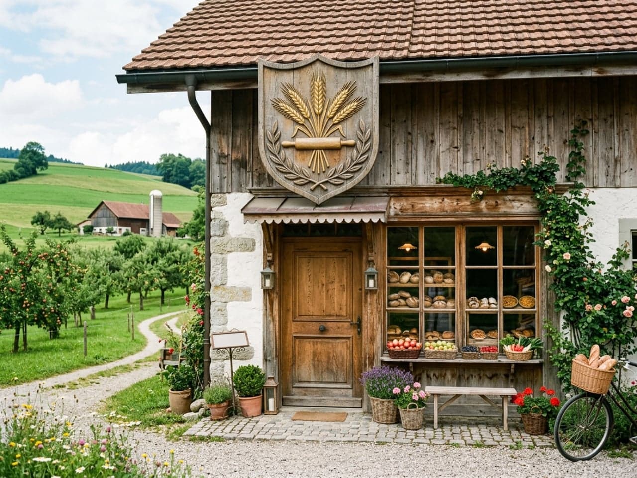 Rustic family-run bakery and farm storefront with a custom wheat crest sign