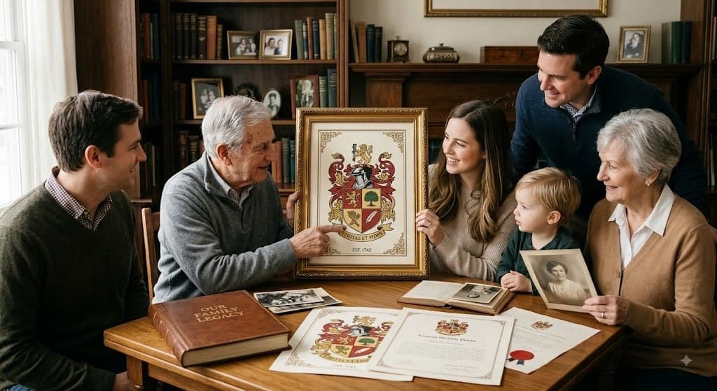 Family members sharing a framed custom coat of arms beside genealogy books and keepsakes