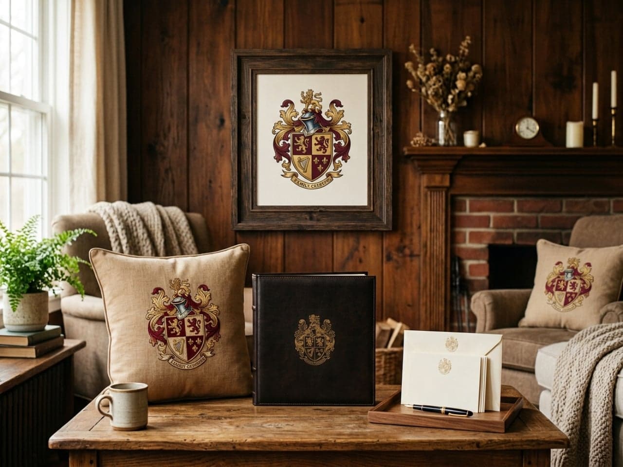 Personalized family crest displayed on framed wall art, pillows, album covers, stationery, and home decor